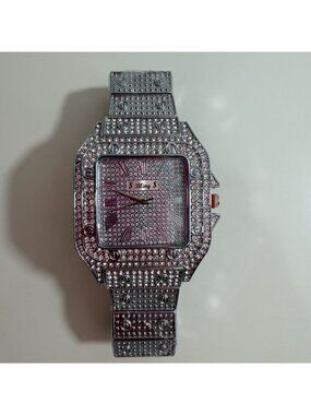 Bling Mens Iced Out Rhinestone & Silver Square Face Wristwatch